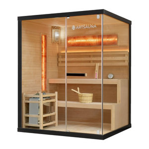 Artsauna Saunakabine Vantaa 150 mit Salzstein, Indoor Sauna für 3 Personen mit 4,5 kW Ofen und Glasfront