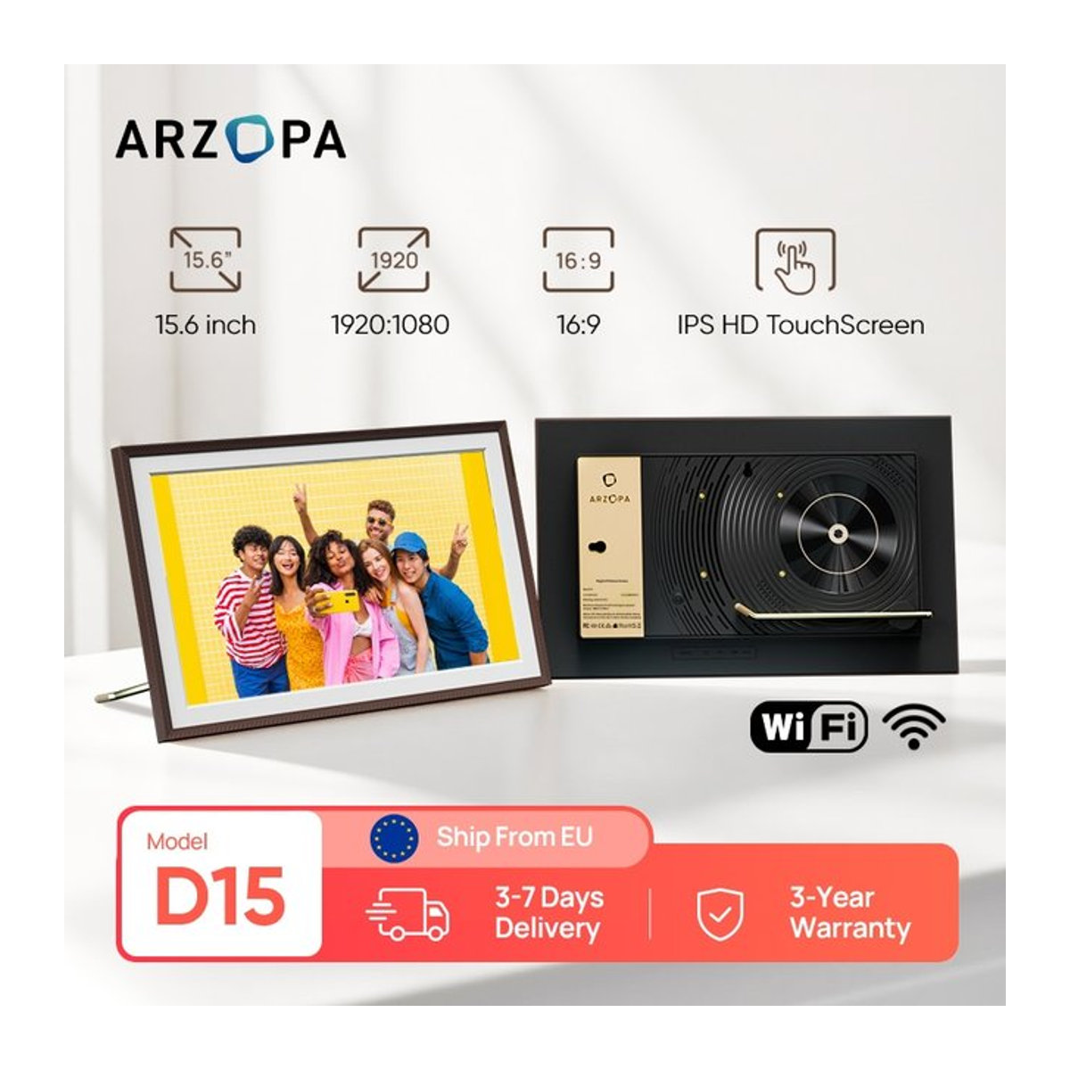 ARZOPA Digitaler Bilderrahmen 15,6 Zoll mit Touchscreen, FHD 1920 x 1080 IPS, Schwarz, B/H: 38 x 23 cm - Bild 1