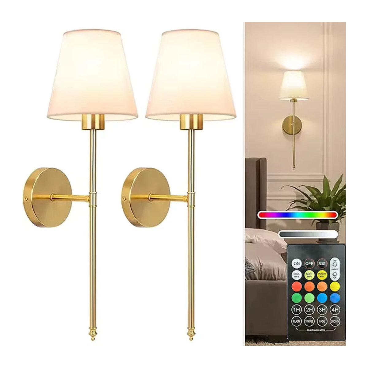 ASCELINA 2er-Pack Moderne LED Wandleuchten in Gold, batteriebetrieben und kabellos mit Fernbedienung und RGB-Farbmodi - Bild 2