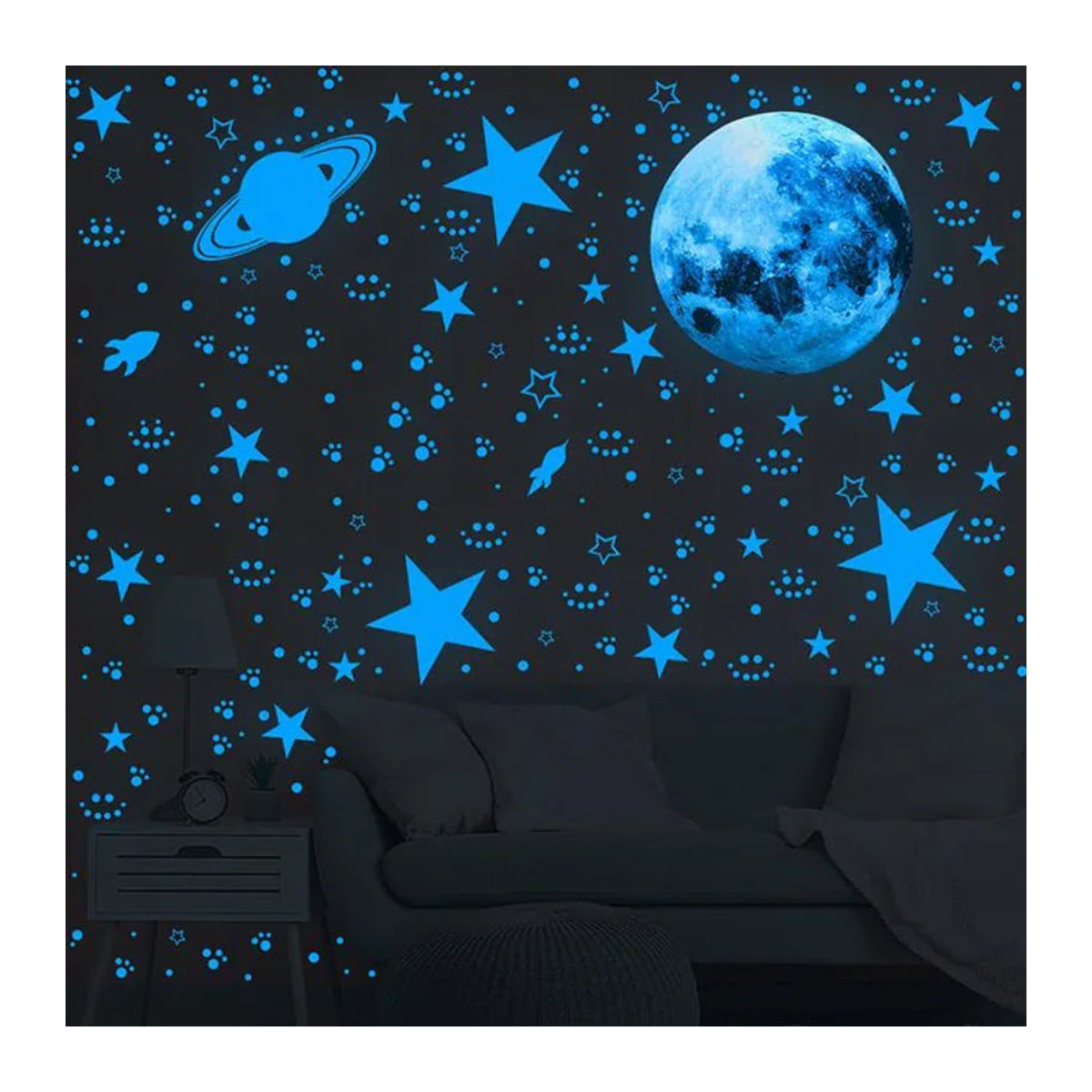 ASDA3 Leuchtende 947-teilige Mond-Sterne Wandaufkleber in Blau und Grün für Kinderzimmer und Decken Dekoration aus Kunststoff - Bild 1