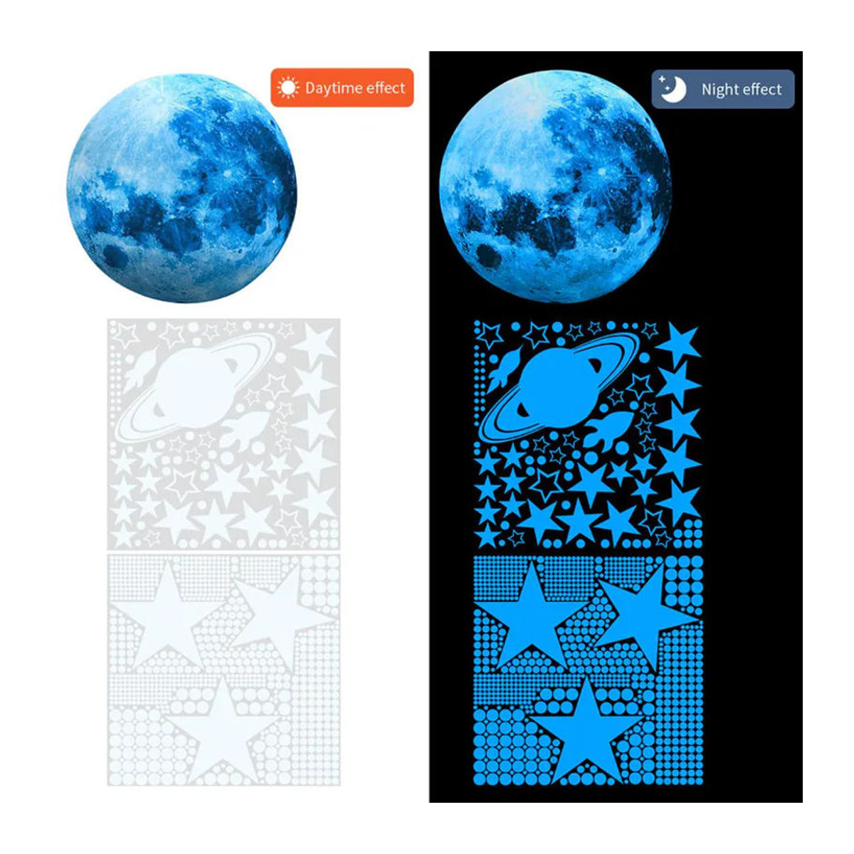 ASDA3 Leuchtende 947-teilige Mond-Sterne Wandaufkleber in Blau und Grün für Kinderzimmer und Decken Dekoration aus Kunststoff - Bild 5