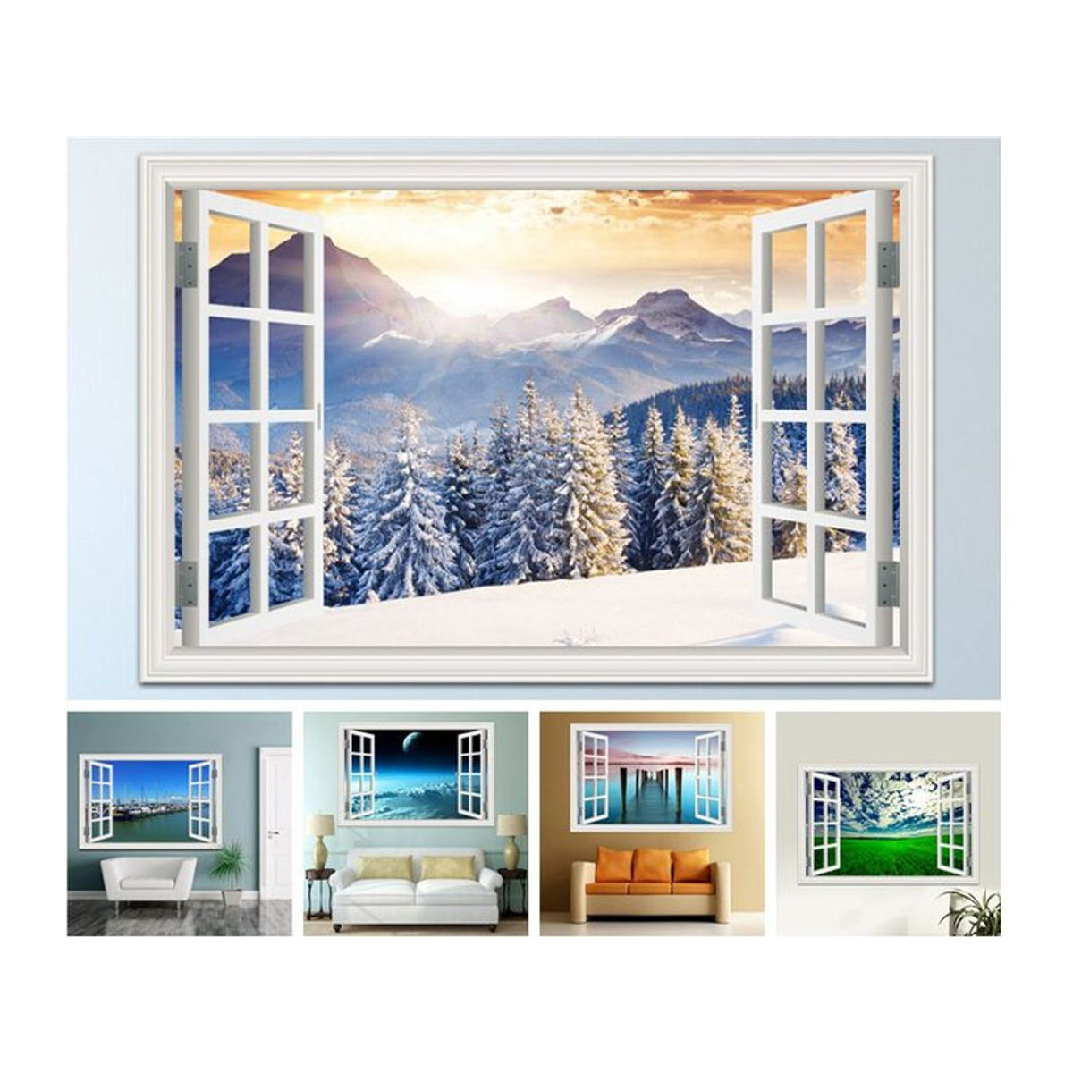 AsenArt 3D-Wandaufkleber Fensterlandschaft aus Kunststoff, mehrfarbige Landschaftstapete zur Wandmontage, rechteckig, B: 60 cm, H: 40 cm - Bild 1