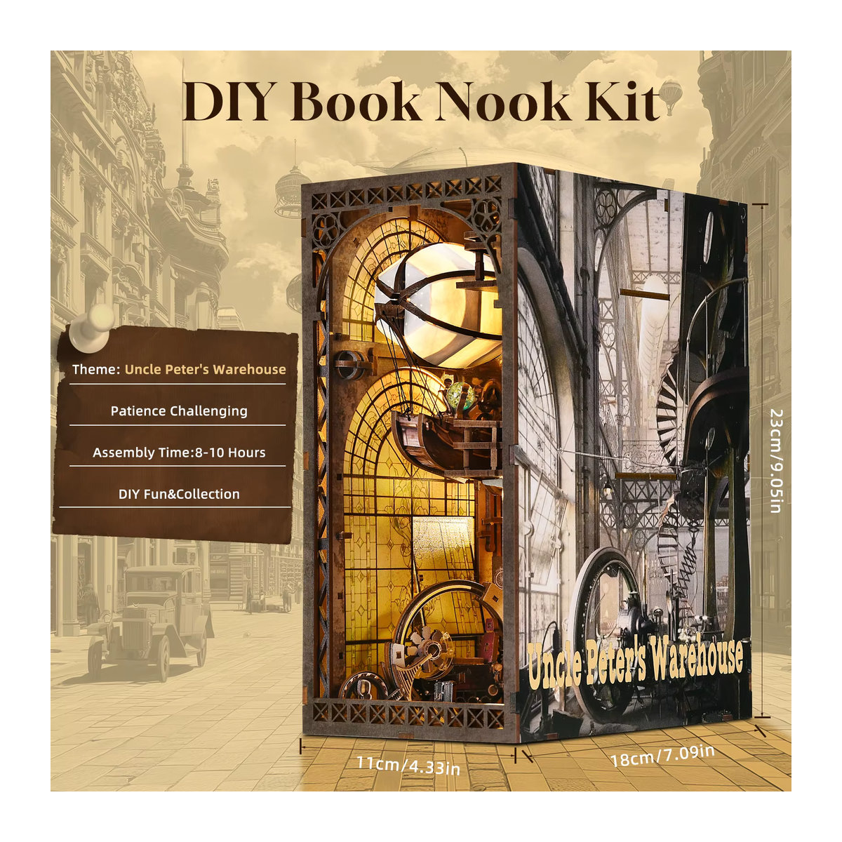 ASLOWSNAIL Book Nook Kit The Creation Room DIY Holzpuzzle Werkstatt mit Ballonschiff als dekorative Buchstütze in Braun - Bild 2