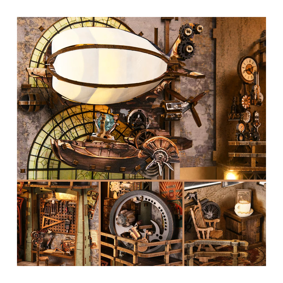 ASLOWSNAIL Book Nook Kit The Creation Room DIY Holzpuzzle Werkstatt mit Ballonschiff als dekorative Buchstütze in Braun - Bild 3