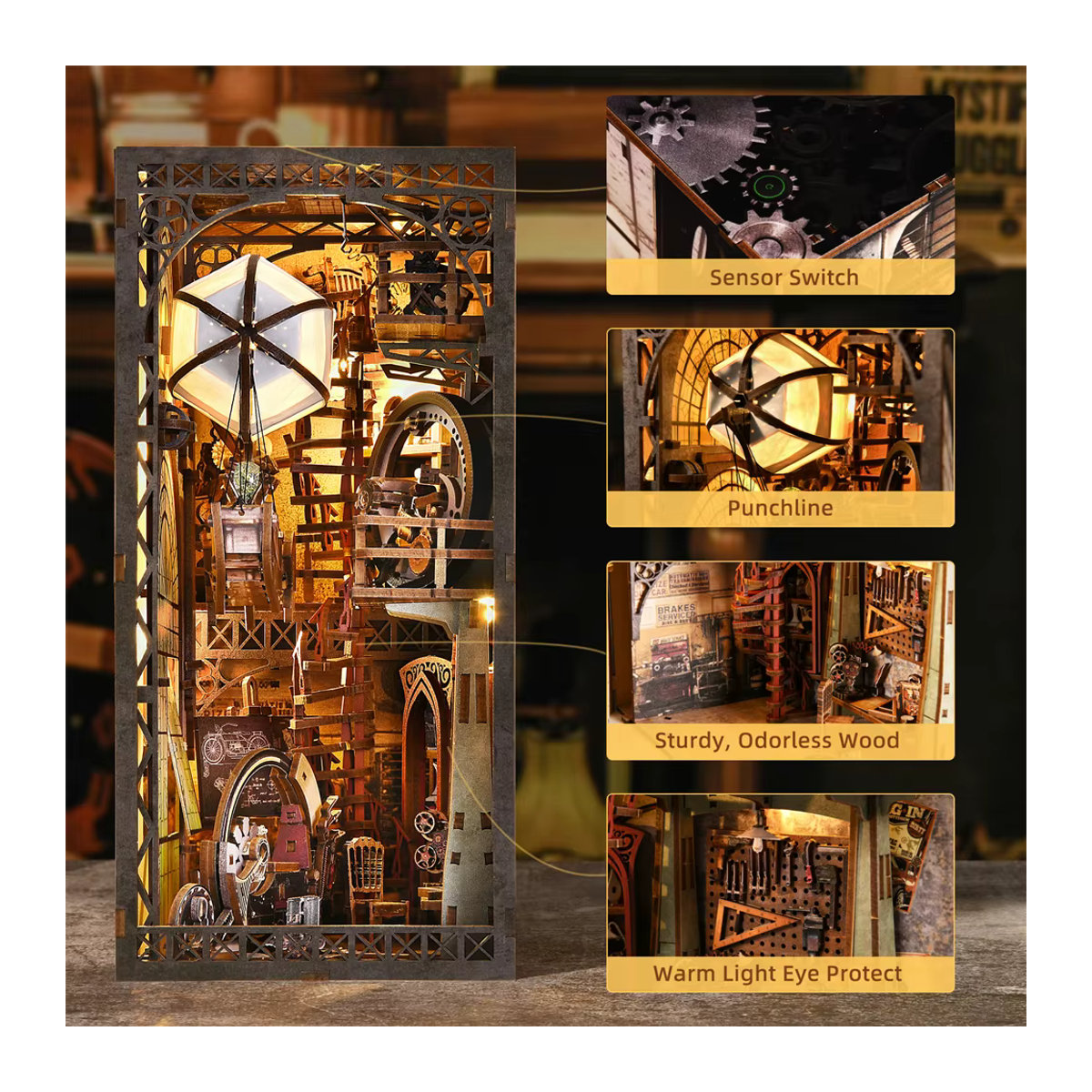 ASLOWSNAIL Book Nook Kit The Creation Room DIY Holzpuzzle Werkstatt mit Ballonschiff als dekorative Buchstütze in Braun - Bild 5