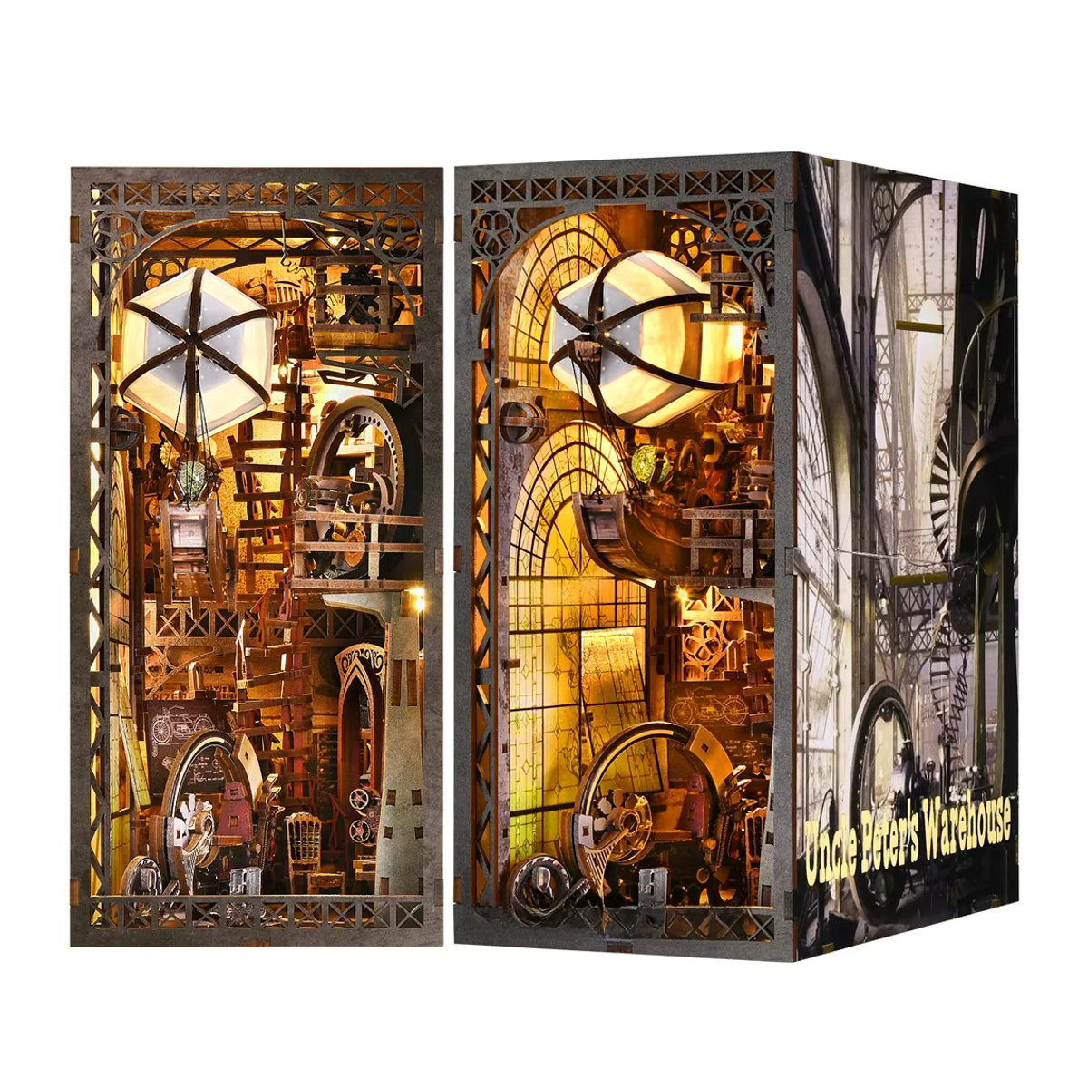 ASLOWSNAIL Book Nook Kit The Creation Room DIY Holzpuzzle Werkstatt mit Ballonschiff als dekorative Buchstütze in Braun - Bild 7
