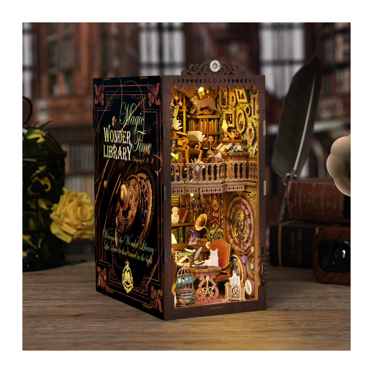ASLOWSNAIL Book Nook Kit The Time Book Club 3D-Holzpuzzle in Braun, Vintage Miniatur-Modell zum Selbermachen für Erwachsene - Bild 2