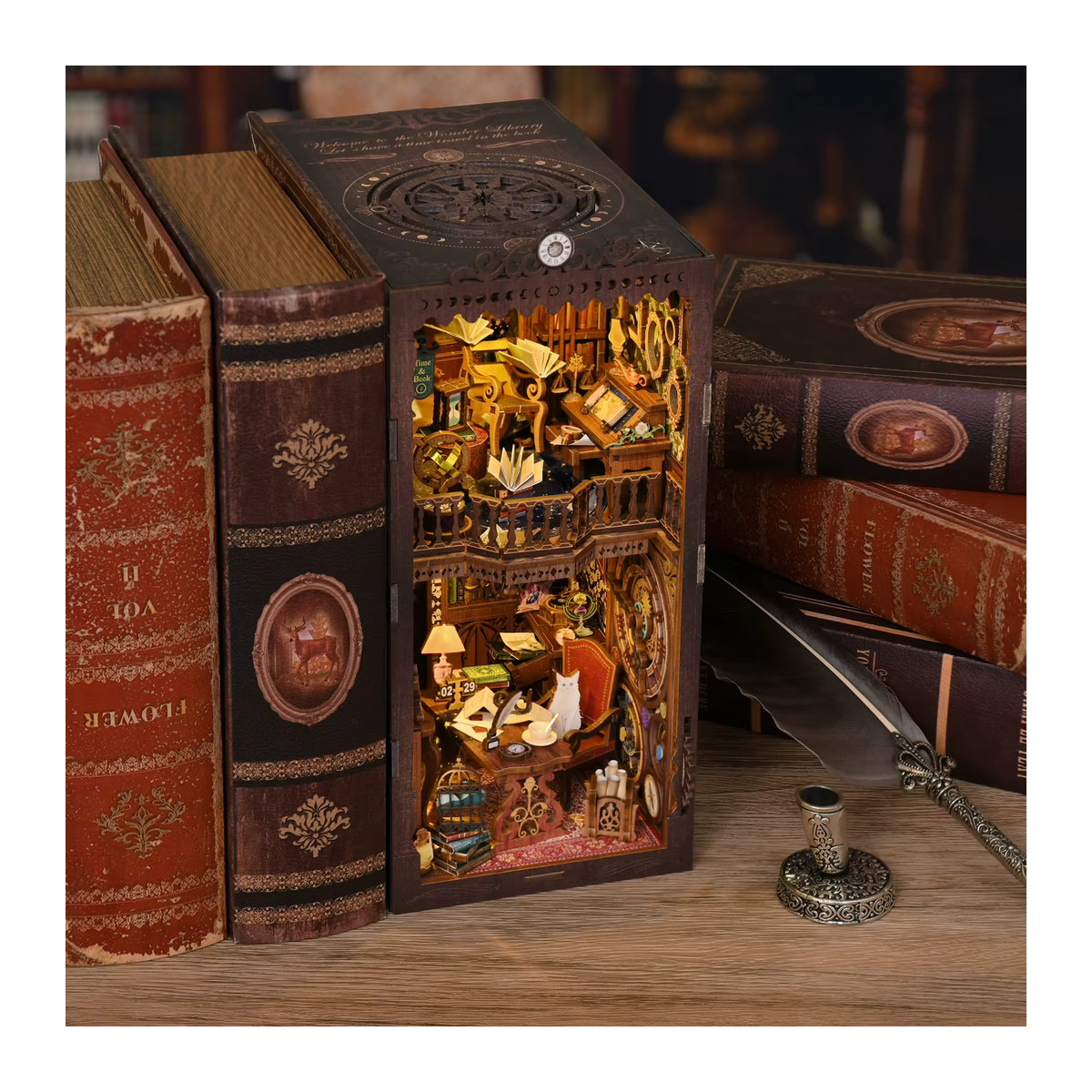 ASLOWSNAIL Book Nook Kit The Time Book Club 3D-Holzpuzzle in Braun, Vintage Miniatur-Modell zum Selbermachen für Erwachsene - Bild 5