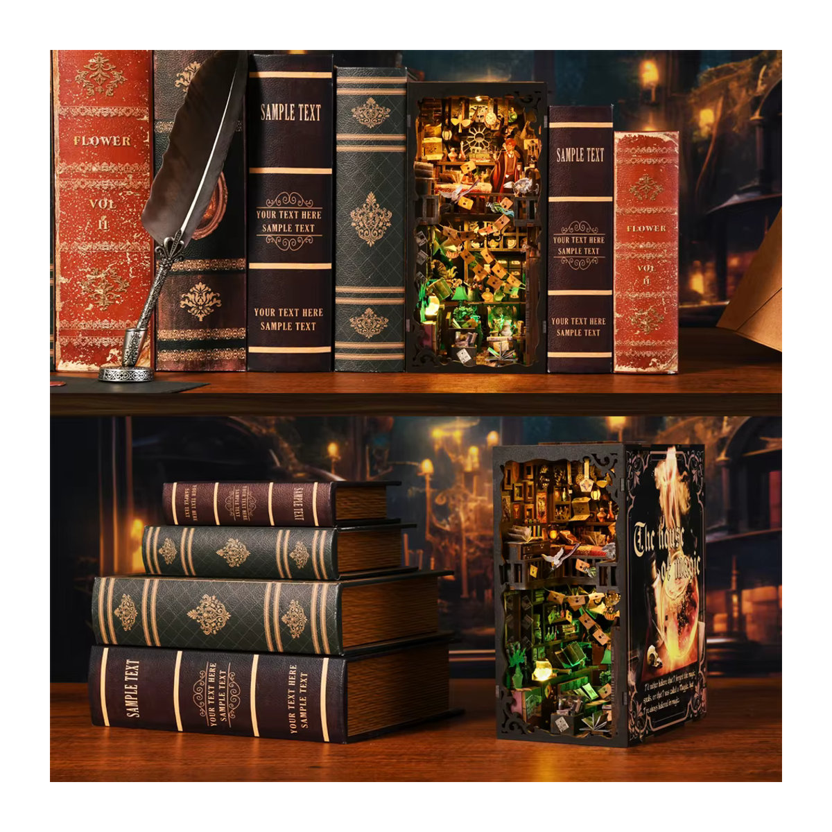 ASLOWSNAIL Buch Nook Kit Magic House DIY Holzpuzzle als Bücherregal Einsatz und dekorative Buchstütze in Vintage-Optik, mehrfarbig - Bild 4