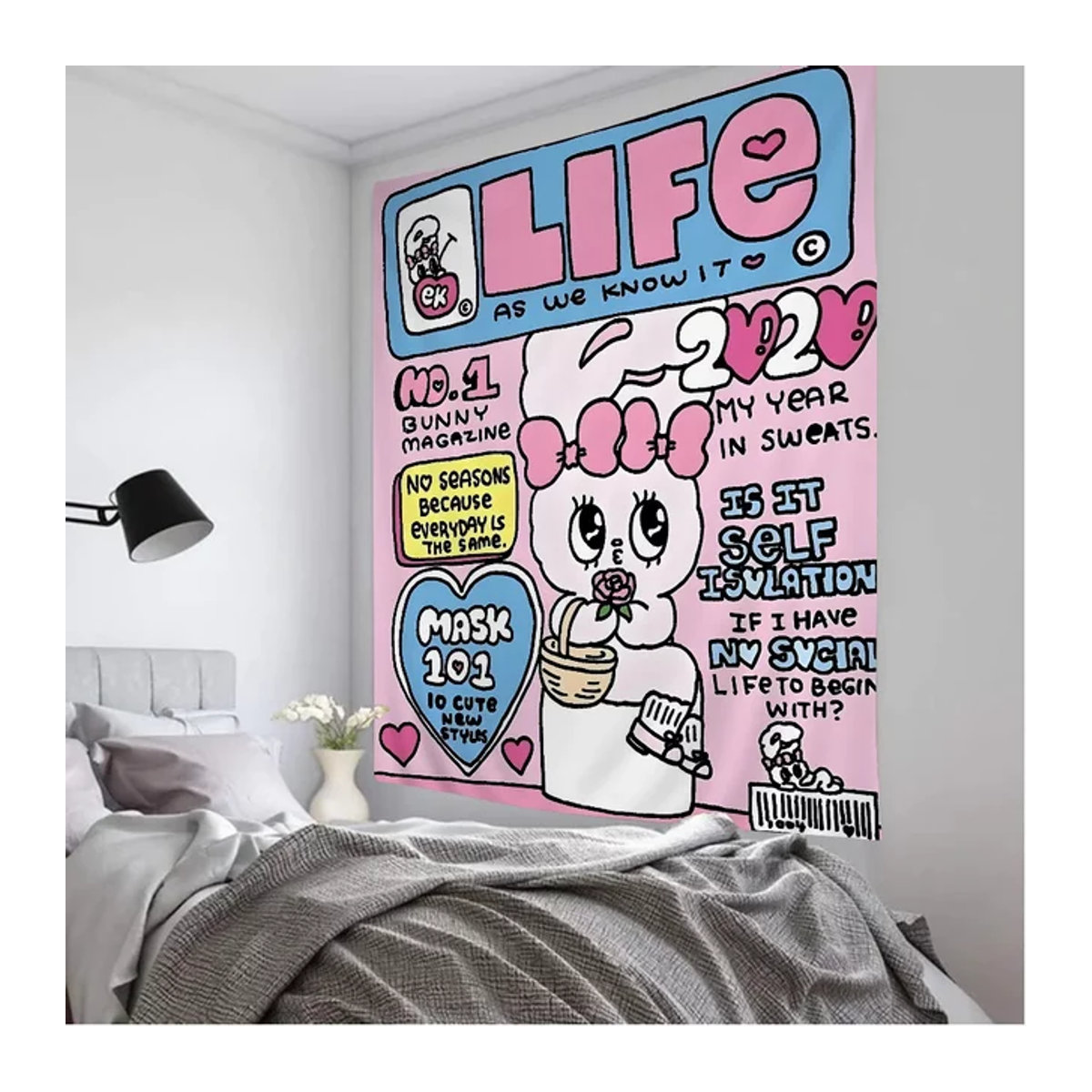 Ästhetische Esther Bunny Kaninchen Wandteppich im Hippie-Blumen-Design, Mehrfarbiger Textil-Wandbehang im Bohemian-Stil, B/H: 70 x 70 cm - Bild 1