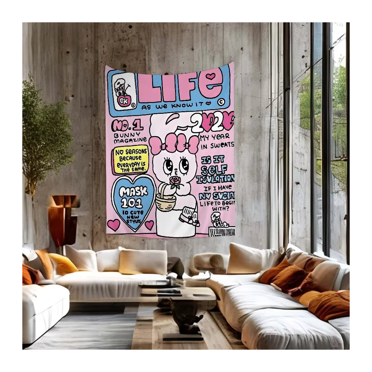 Ästhetische Esther Bunny Kaninchen Wandteppich im Hippie-Blumen-Design, Mehrfarbiger Textil-Wandbehang im Bohemian-Stil, B/H: 70 x 70 cm - Bild 3