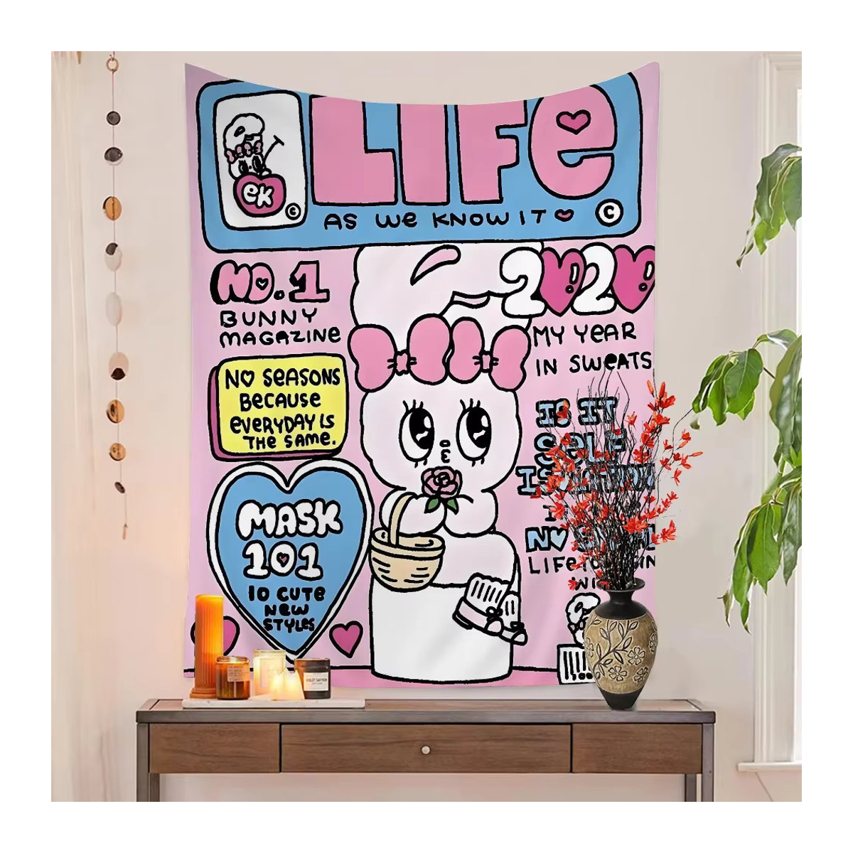 Ästhetische Esther Bunny Kaninchen Wandteppich im Hippie-Blumen-Design, Mehrfarbiger Textil-Wandbehang im Bohemian-Stil, B/H: 70 x 70 cm - Bild 4