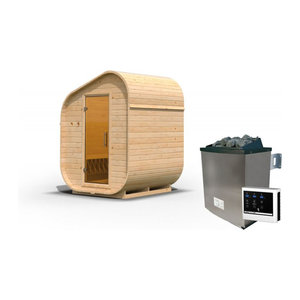 Asymmetrische Fasssauna aus Massivholz in Natur mit 9.0 kW Ofen und Steuergerät B/T/H: 199 x 175 x 249 cm