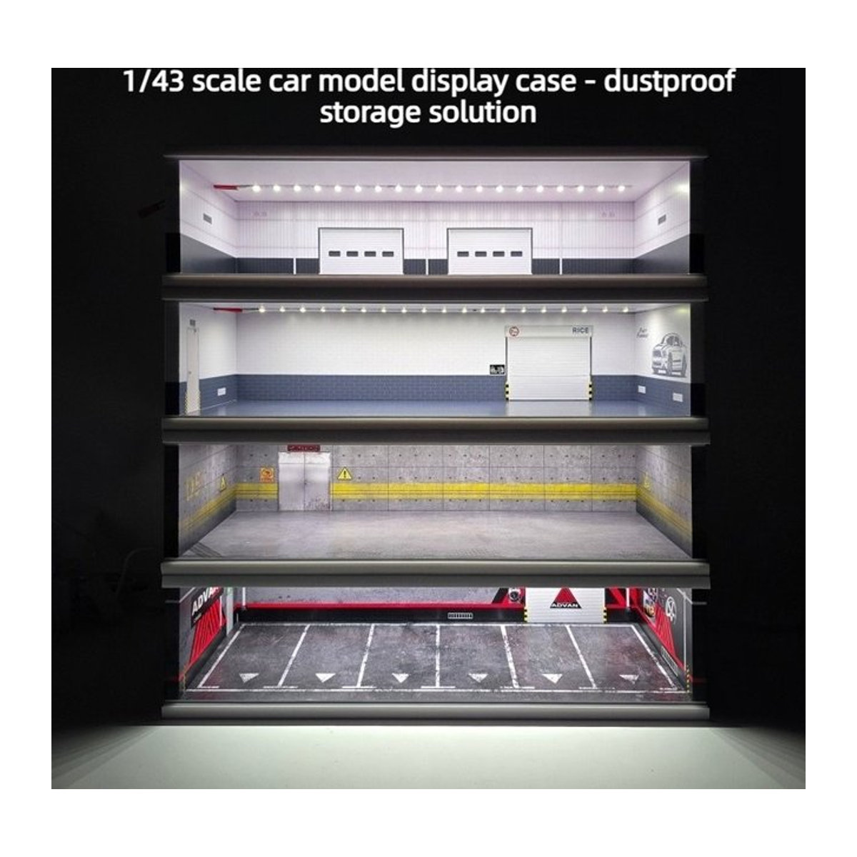 AT 99 MODEL Aufbewahrungsgarage für 1:43 Automodelle mit LED-Beleuchtung und Acryl-Staubschutzbox aus Kunststoff, transparent/mehrfarbig - Bild 1