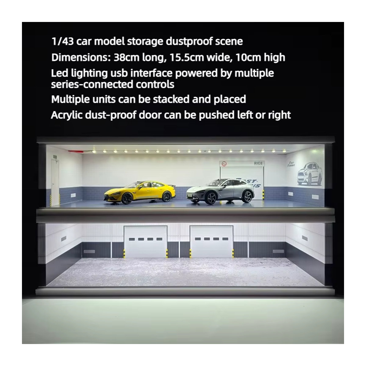 AT 99 MODEL Aufbewahrungsgarage für 1:43 Automodelle mit LED-Beleuchtung und Acryl-Staubschutzbox aus Kunststoff, transparent/mehrfarbig - Bild 4