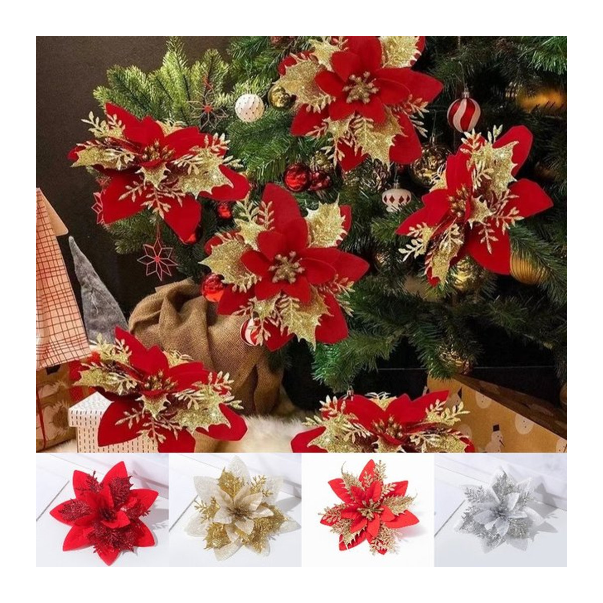 Ataozhekou Künstliche Weihnachtsblumen mit Glitzer in Gold und Rot für deine Dekoration - Bild 1