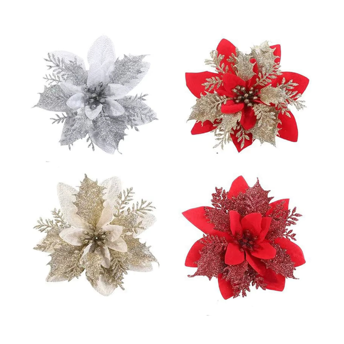 Ataozhekou Künstliche Weihnachtsblumen mit Glitzer in Gold und Rot für deine Dekoration - Bild 2