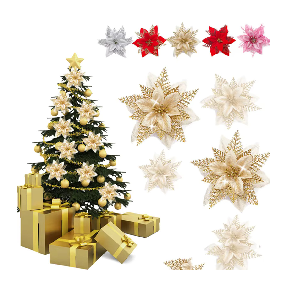 Ataozhekou Künstliche Weihnachtsblumen mit Glitzer in Gold und Rot für deine Dekoration - Bild 3
