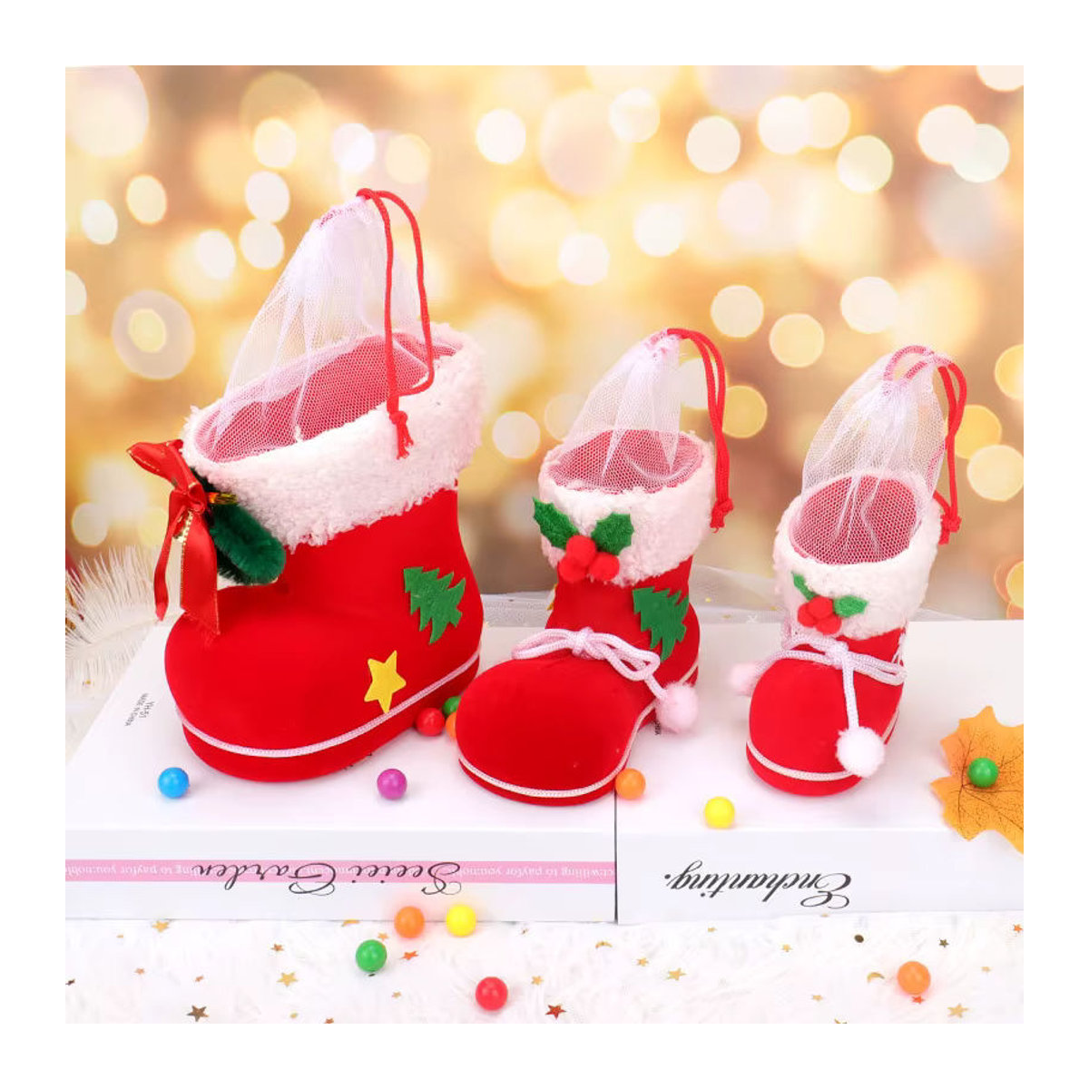 Atceawit Weihnachts-Stiefel als beflockter Stifthalter und Süßigkeiten-Tasche in Rot für Kinder - Bild 2