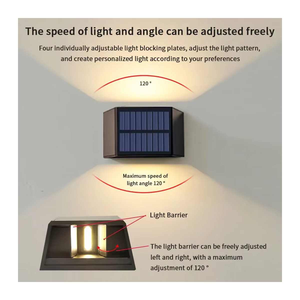 ATcomm LED Solar Wandleuchte in Schwarz, minimalistisches Design aus Kunststoff, wasserdichte Außenleuchte für Garten und Veranda mit Up-and-Down-Lichtfunktion - Bild 3