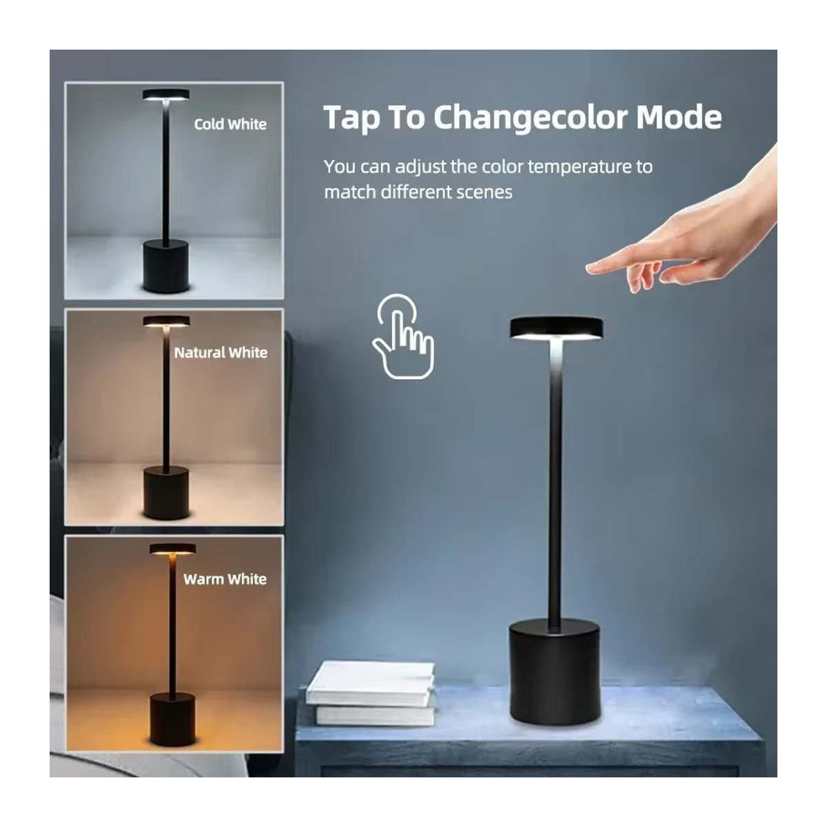 ATcomm LED Tischlampe mit Touch Sensor, wiederaufladbare kabellose Desktop Nachtlicht in Weiß mit 3 einstellbaren Farben und minimalistischem Design - Bild 2