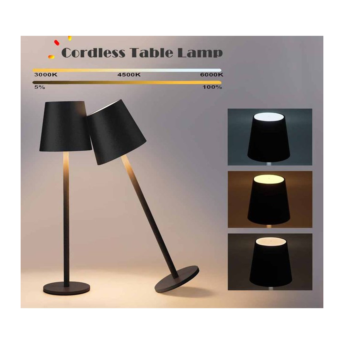 ATcomm LED Tischlampe Schwarz mit Touch Sensor, kabellose wiederaufladbare Schreibtischleuchte mit 3 Lichtfarben für Innen und Außen - Bild 1