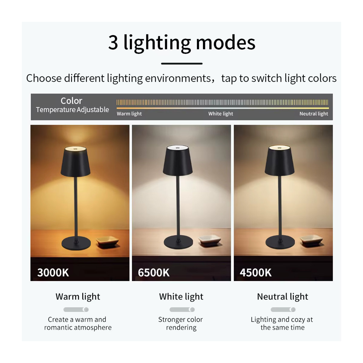 ATcomm LED Tischlampe Schwarz mit Touch Sensor, kabellose wiederaufladbare Schreibtischleuchte mit 3 Lichtfarben für Innen und Außen - Bild 2