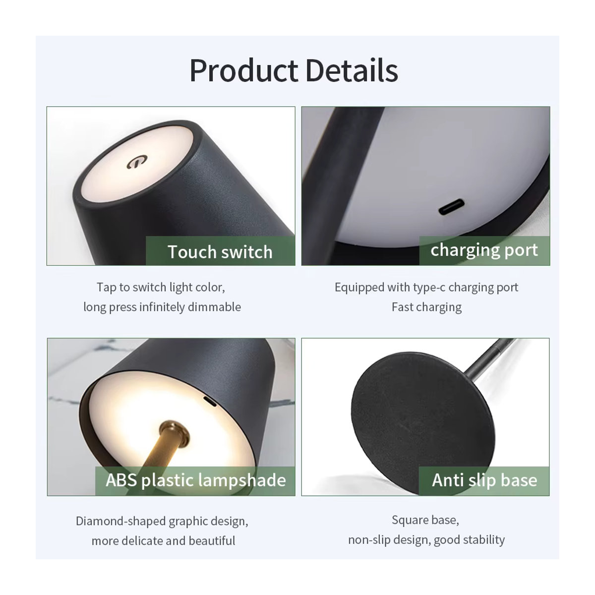 ATcomm LED Tischlampe Schwarz mit Touch Sensor, kabellose wiederaufladbare Schreibtischleuchte mit 3 Lichtfarben für Innen und Außen - Bild 3
