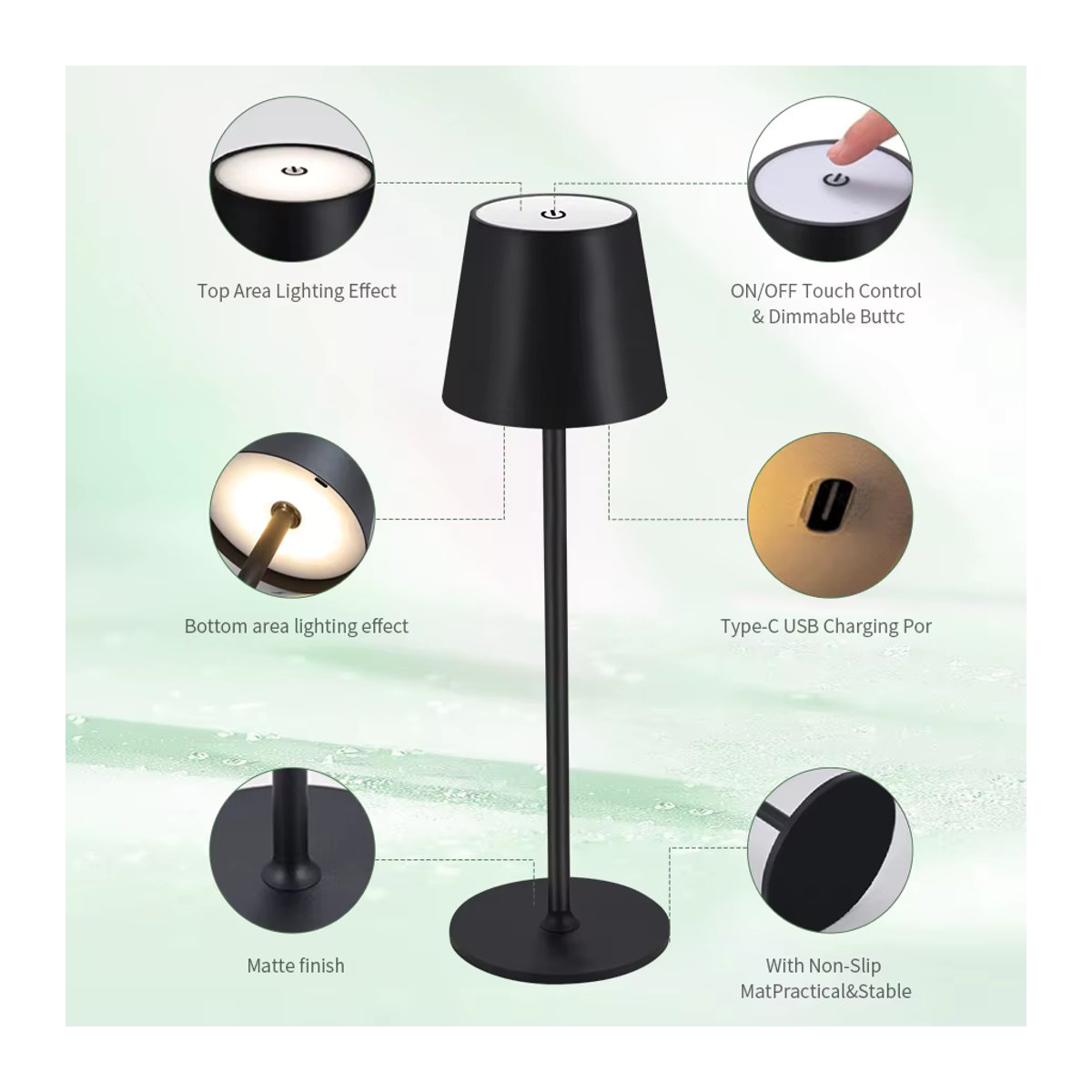 ATcomm LED Tischlampe Schwarz mit Touch Sensor, kabellose wiederaufladbare Schreibtischleuchte mit 3 Lichtfarben für Innen und Außen - Bild 4