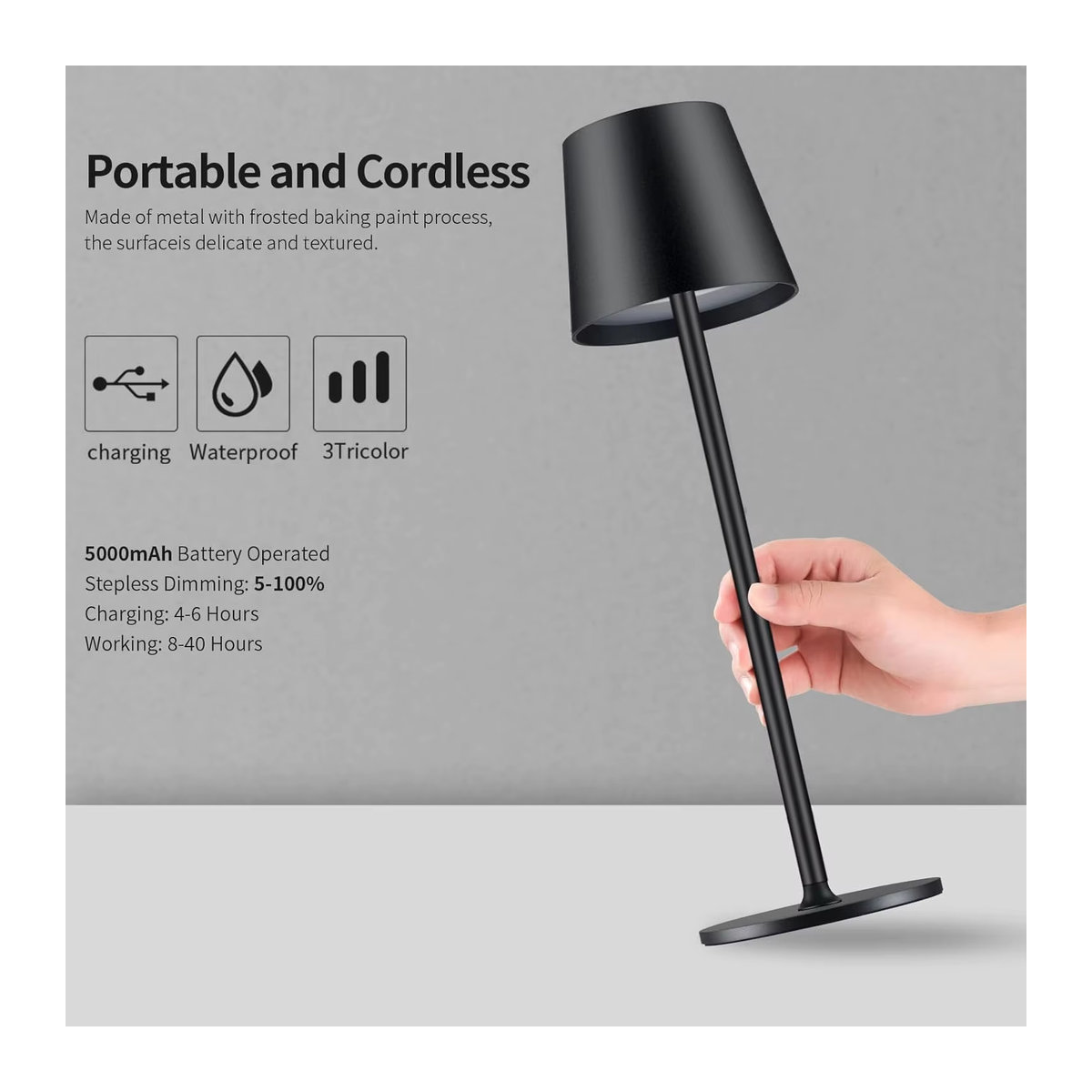 ATcomm LED Tischlampe Schwarz mit Touch Sensor, kabellose wiederaufladbare Schreibtischleuchte mit 3 Lichtfarben für Innen und Außen - Bild 5