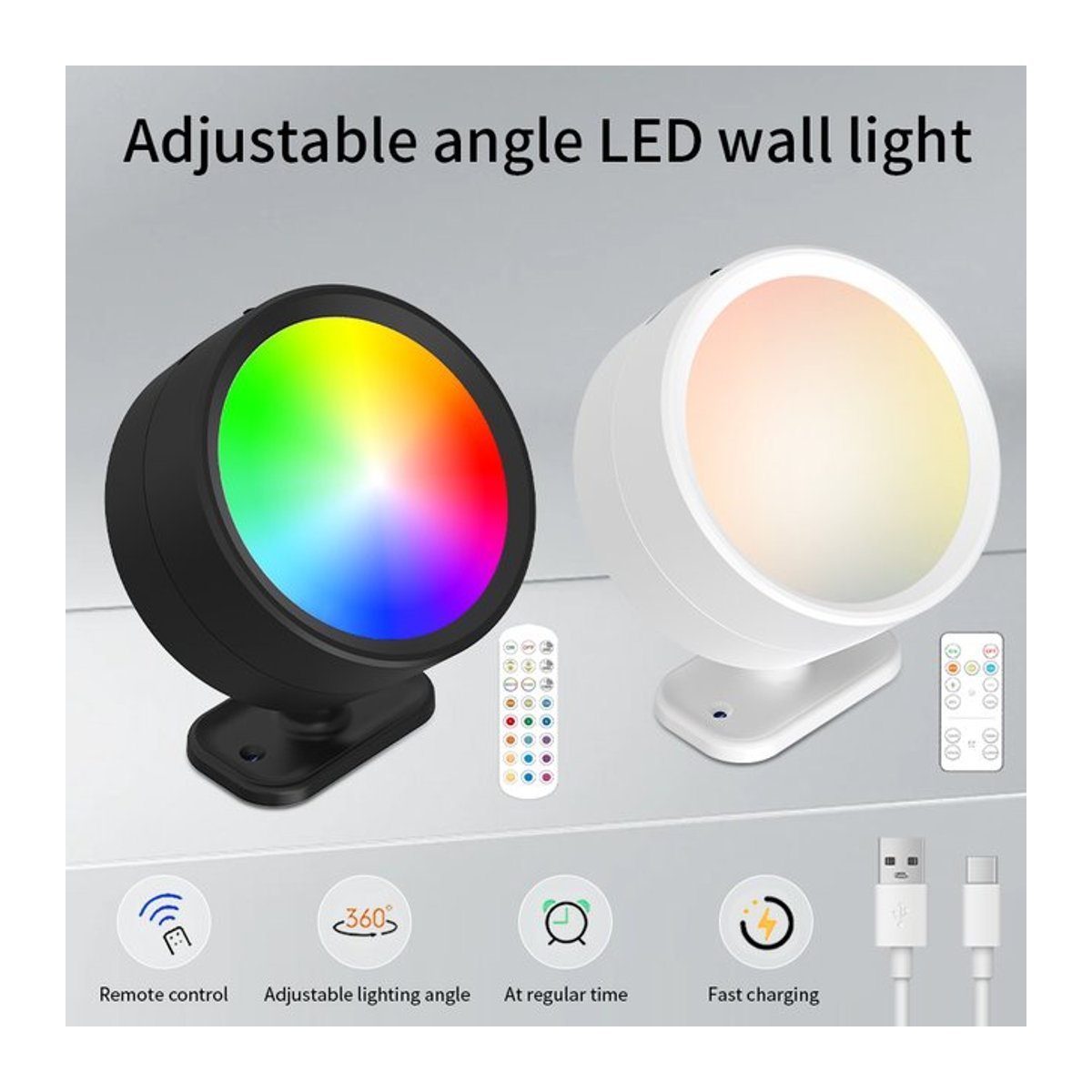 ATcomm RGB LED Wandleuchte kabellos wiederaufladbar mit Fernbedienung und 360 Grad Rotation in Schwarz/Weiß - Bild 1