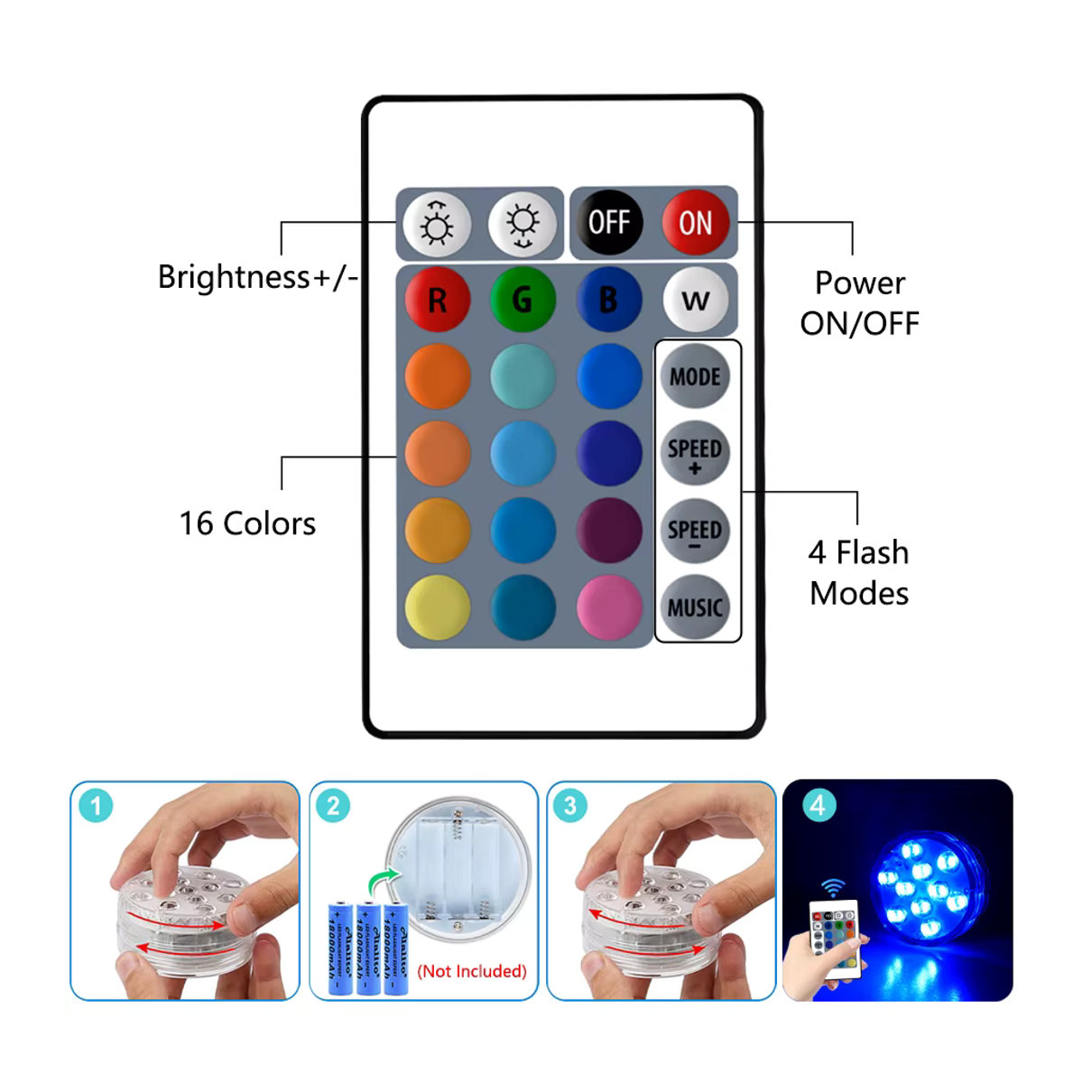 ATcomm RGB Unterwasser-LED-Leuchten mit 10 LEDs, batteriebetrieben, bunt - Bild 3