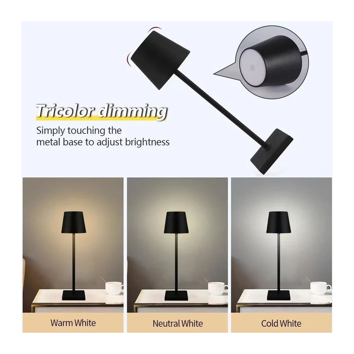 ATcomm Schnurlose LED Tischlampe Schwarz mit Touch-Funktion und 3 Farben für Hotel und Outdoor - Bild 3