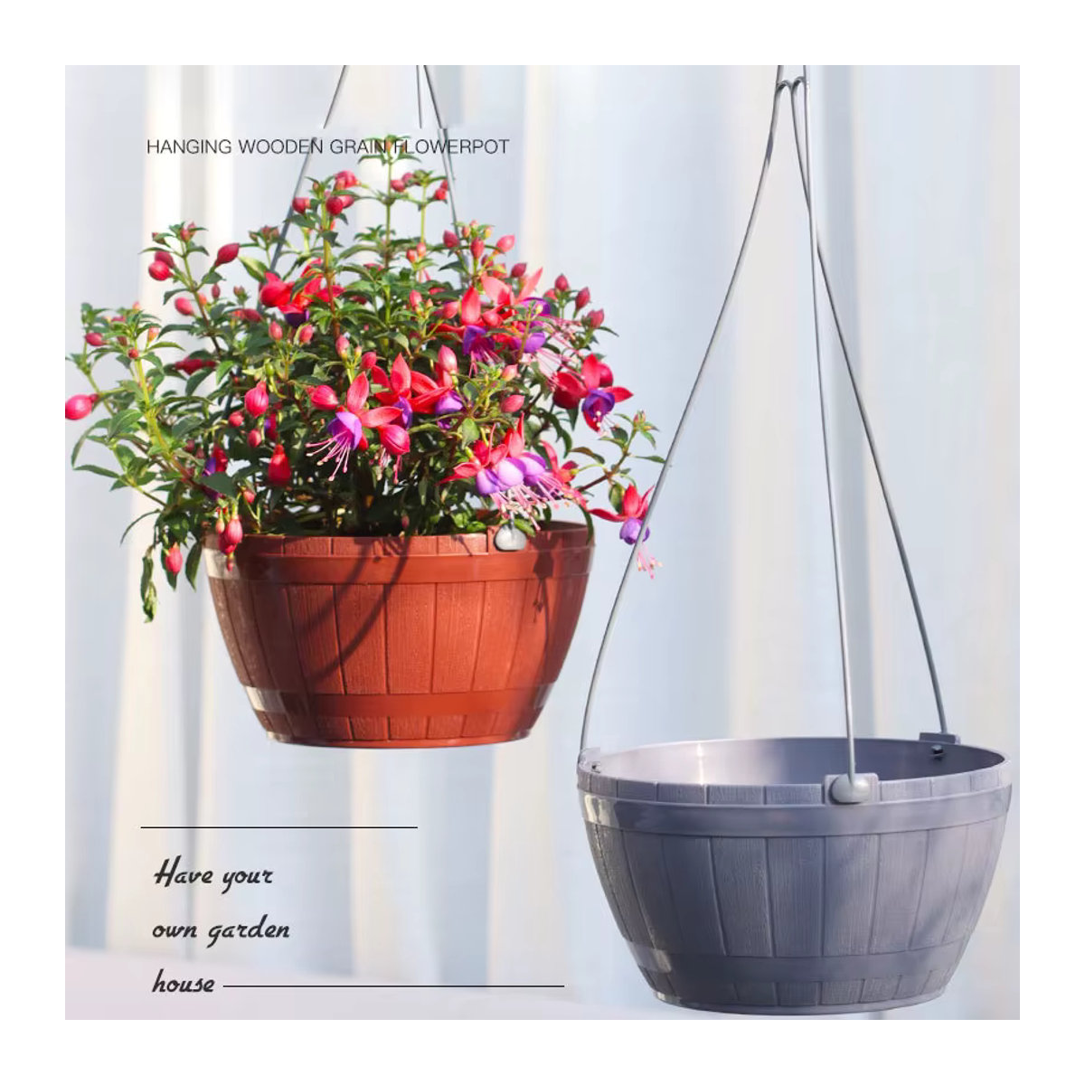 Atmungsaktiver Selbstbewässerungs-Blumentopf aus PP-Kunststoff im Holzfass-Design zum Aufhängen - Bild 3