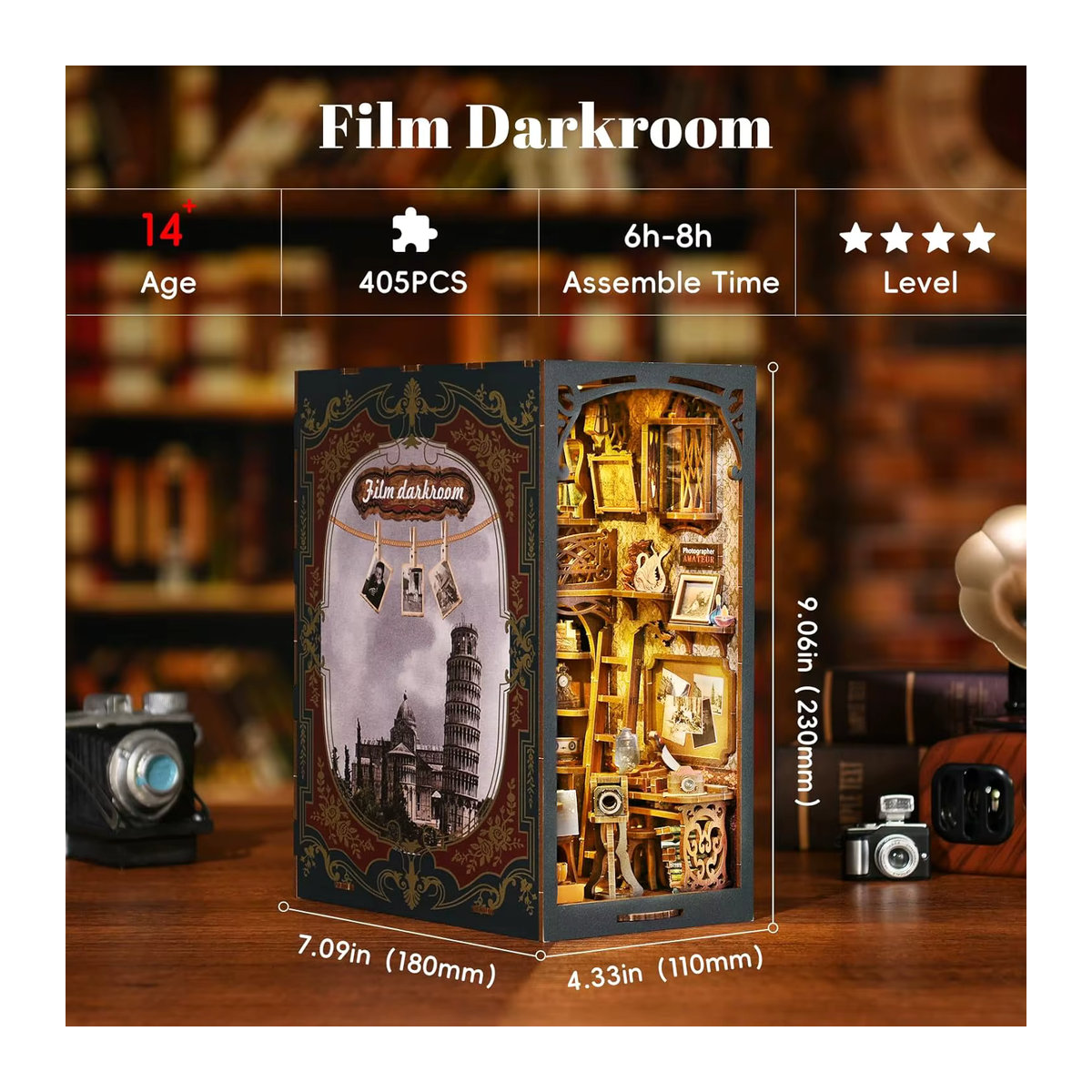 ATUBAN Book Nook Kit DIY Puppenhaus 3D Holzpuzzle als Vintage Bücherregal Einsatz in Orange und Mehrfarbig mit floralem Design - Bild 2