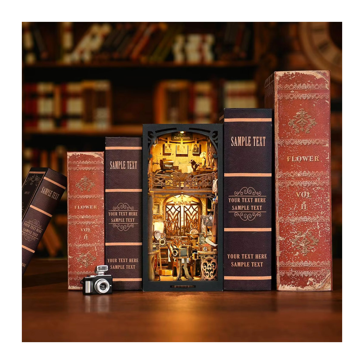 ATUBAN Book Nook Kit DIY Puppenhaus 3D Holzpuzzle als Vintage Bücherregal Einsatz in Orange und Mehrfarbig mit floralem Design - Bild 5
