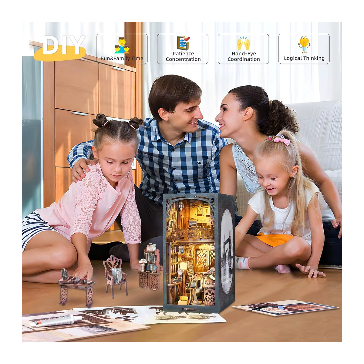 ATUBAN Book Nook Kit DIY Puppenhaus 3D Holzpuzzle als Vintage Bücherregal Einsatz in Orange und Mehrfarbig mit floralem Design - Bild 6