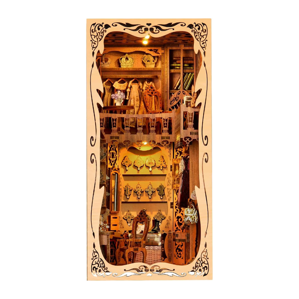 ATUBAN DIY Buch Nook Kit Garderobe der Herzogin 3D Holzpuzzle als dekorativer Bücherregal Einsatz und Miniatur Diorama in Mehrfarbig und Orange - Bild 2