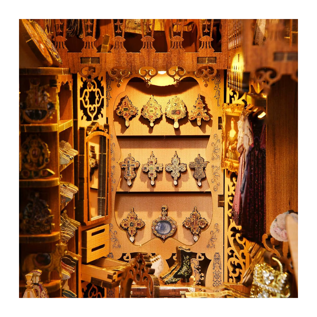ATUBAN DIY Buch Nook Kit Garderobe der Herzogin 3D Holzpuzzle als dekorativer Bücherregal Einsatz und Miniatur Diorama in Mehrfarbig und Orange - Bild 3