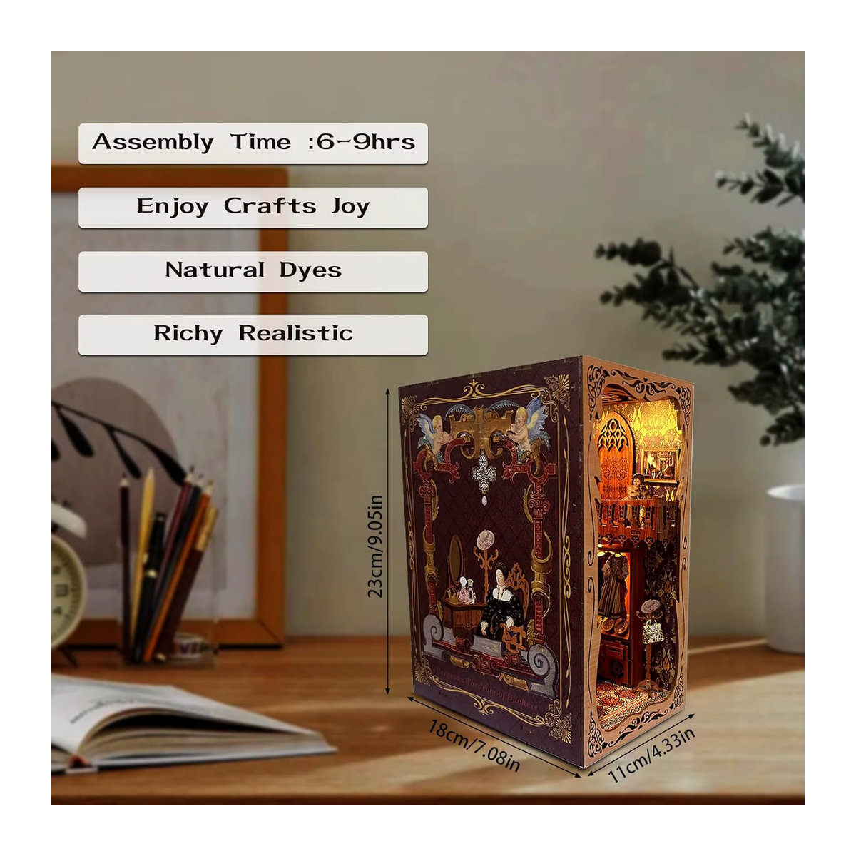 ATUBAN DIY Buch Nook Kit Garderobe der Herzogin 3D Holzpuzzle als dekorativer Bücherregal Einsatz und Miniatur Diorama in Mehrfarbig und Orange - Bild 5