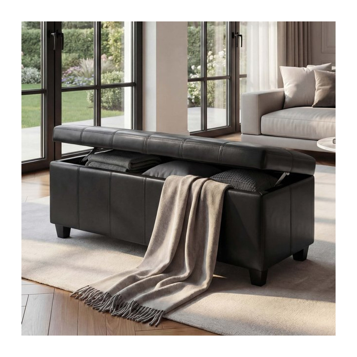 Aufbewahrungs-Truhe Sitzbank Arezzo in Schwarz aus Leder und Kunstleder, B/T/H: 112 x 45 x 45 cm - Bild 1