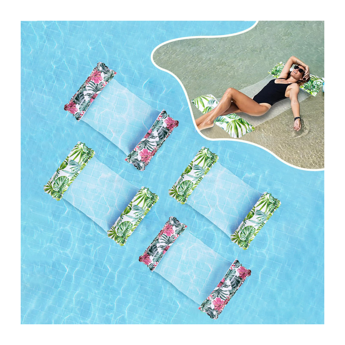 Aufblasbare Pool-Hängematte mit Netz und Wasserclip im Design grünes Blatt als schwimmendes Floß und Lounge-Stuhl - Bild 1