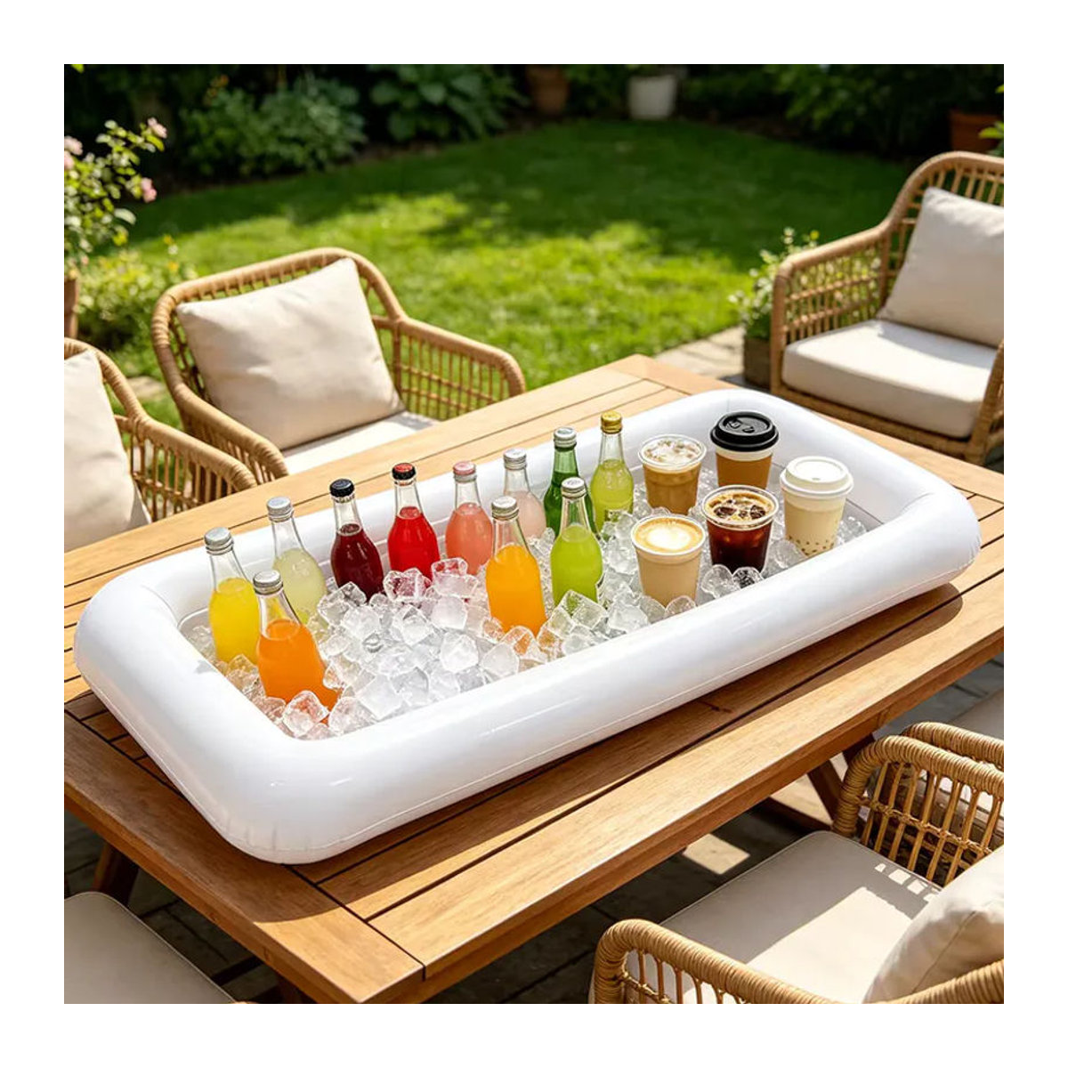 Aufblasbare PVC-Eiswürfelschale in Weiß mit Ablaufstopfen und Aufbewahrungsfach für Buffet, Bar und Picknick - Bild 5
