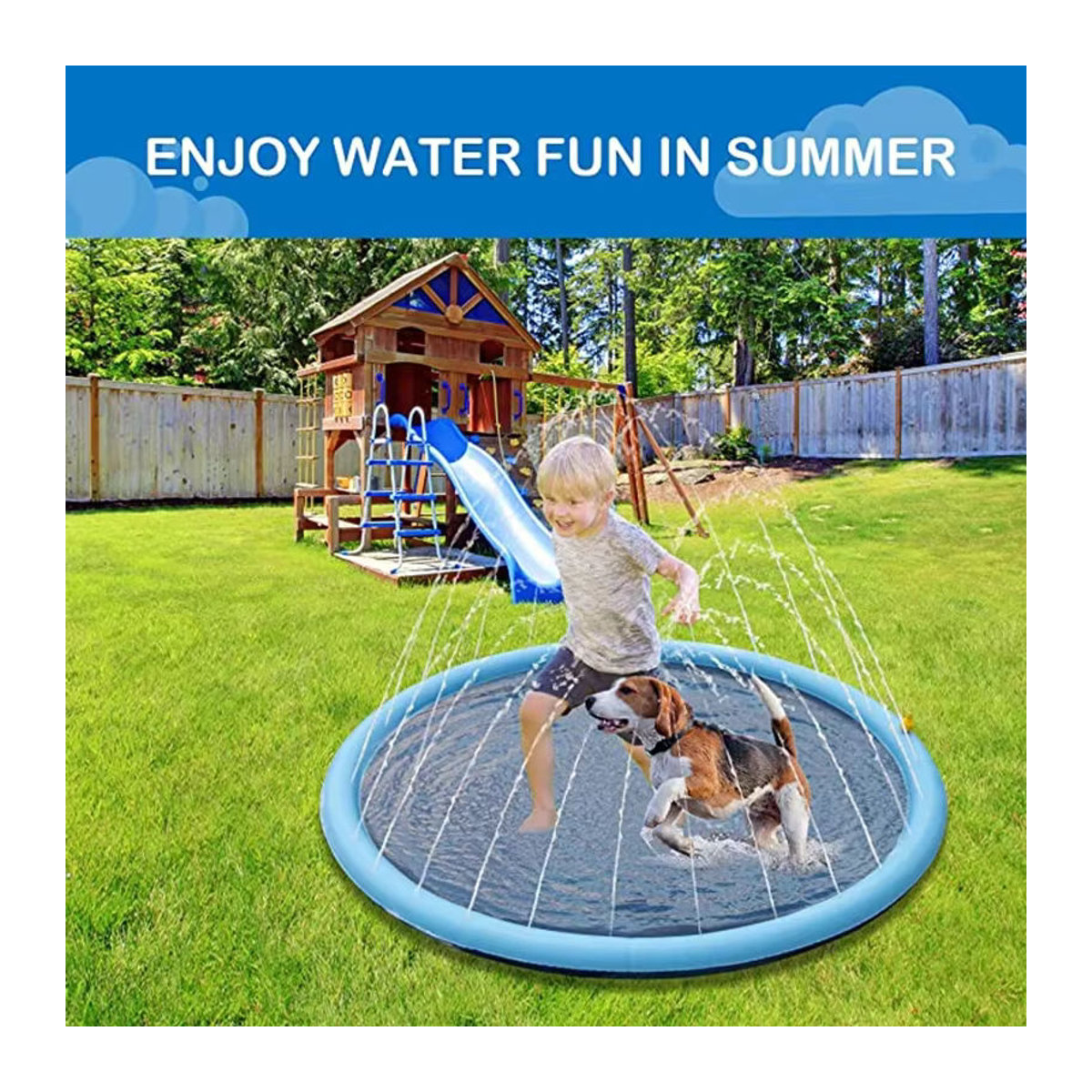 Aufblasbare Sommer Kühlmatte für Hunde mit Sprinkler-Funktion, interaktives Wasser-Spielzeug für Haustiere, Blau, 150/170 cm - Bild 2