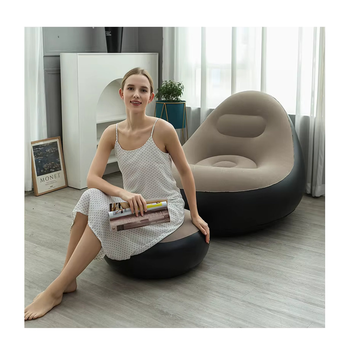 Aufblasbarer Lounge-Sessel für Erwachsene mit Fußhocker, tragbares Lazy-Sofa im modernen Design, Grau/Beige/Azulblanco - Bild 2