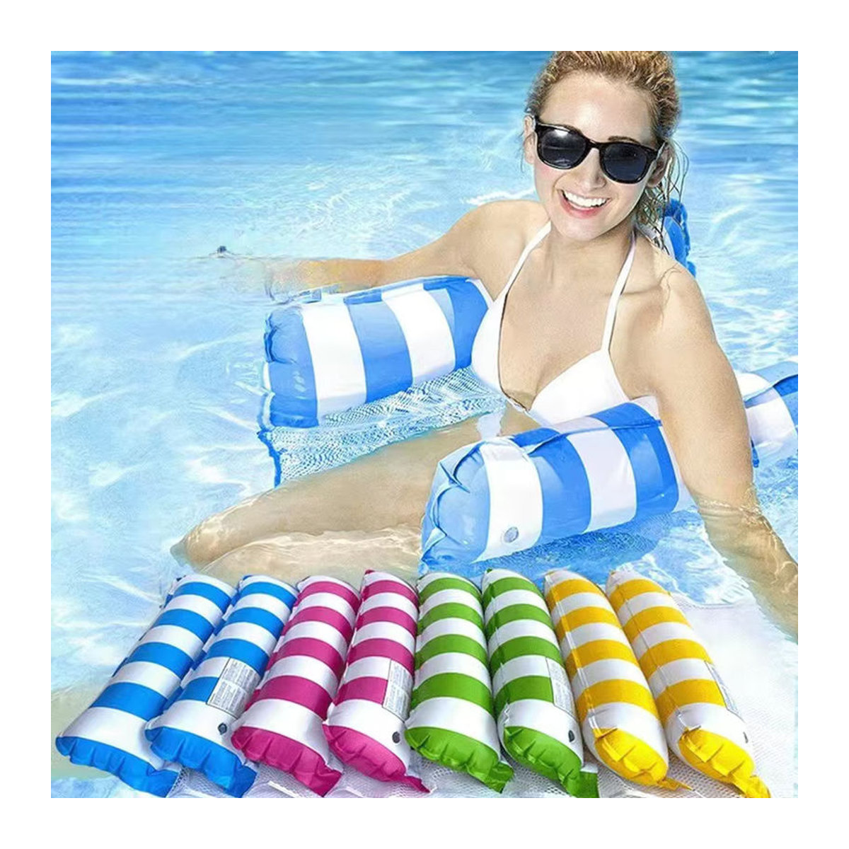 Aufblasbarer Lounge-Sessel mit Netzrückenlehne, gestreift und faltbar, ideal für Schwimmbad und Strand - Bild 2