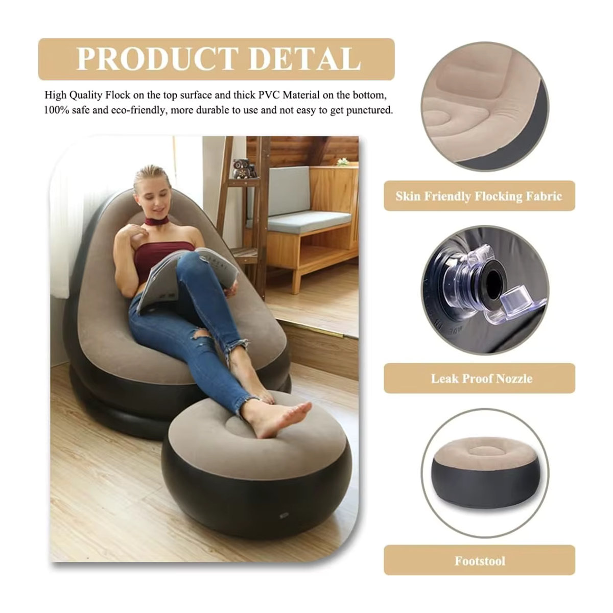 Aufblasbarer Loungesessel aus PVC mit Flockbeschichtung in Grau, faltbares Sofa-Set für Erwachsene - Bild 3