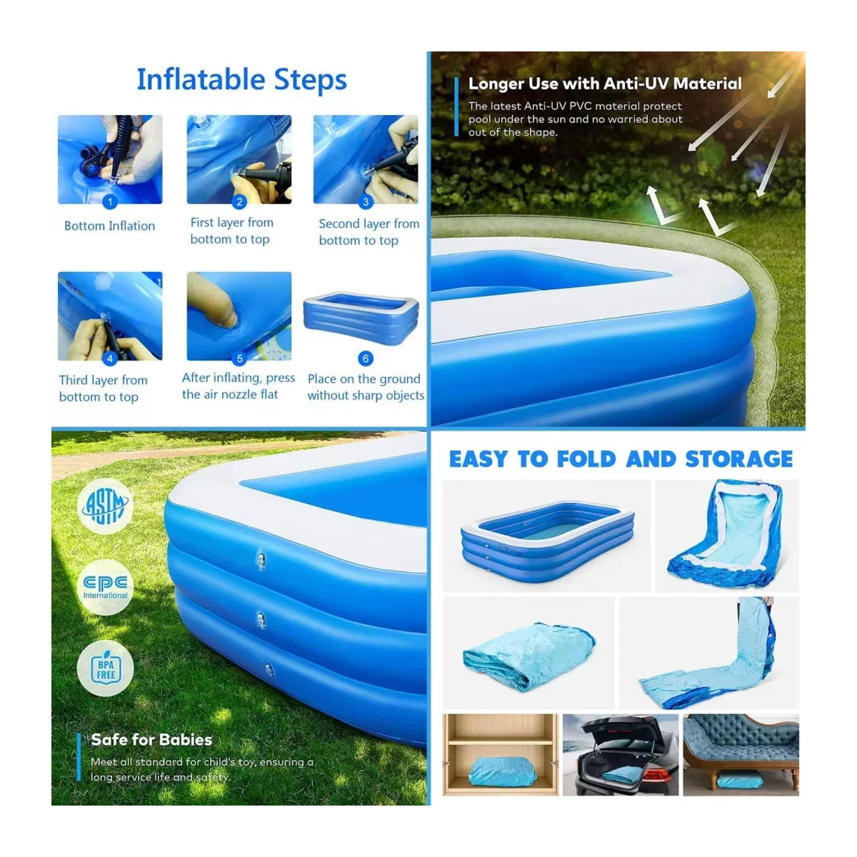 Aufblasbarer Pool aus verstärktem PVC für Kinder und Erwachsene in Blau - Bild 4