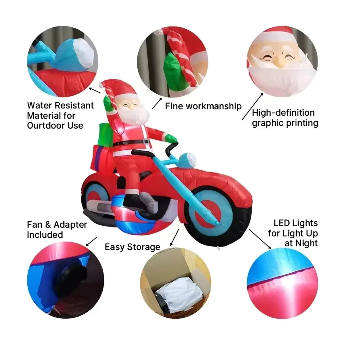 Aufblasbarer Weihnachtsmann auf Motorrad von CatXaa mit integrierten LED-Leuchten, rot, Höhe: 180 cm - Bild 5