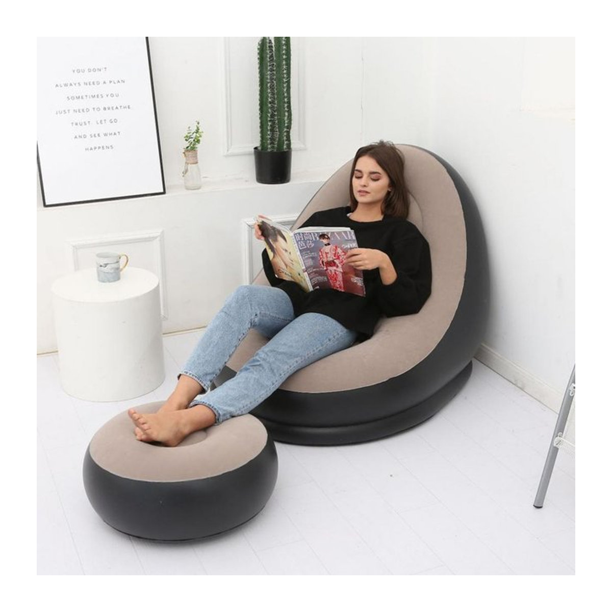 Aufblasbares Lounge-Sofa Set mit Fußhocker aus PVC, beflockter Klappliegestuhl für Erwachsene in Rot oder Grau - Bild 1